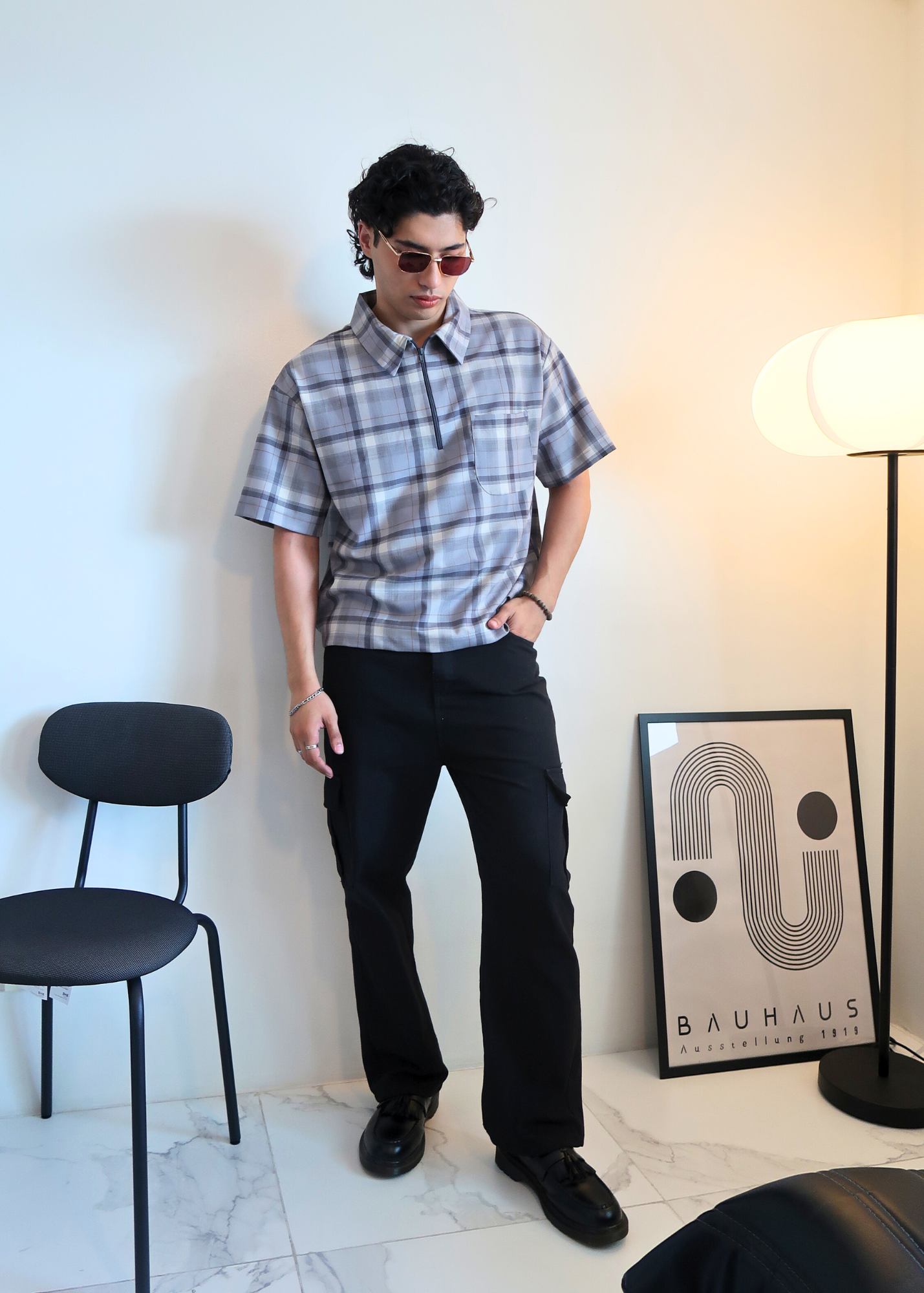 Boxy Crop Half Zip Polo | Gray Plaid