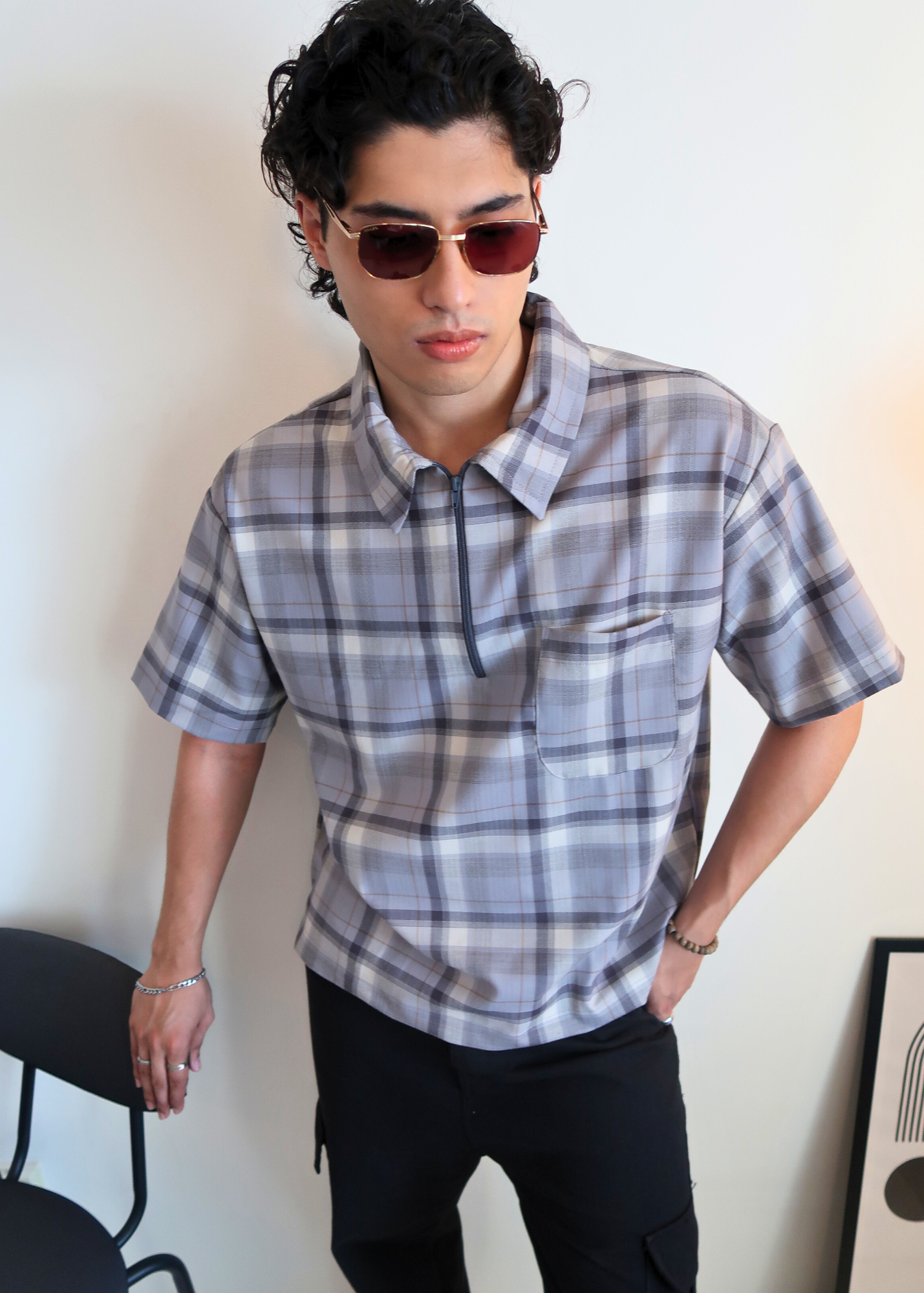 Boxy Crop Half Zip Polo | Gray Plaid