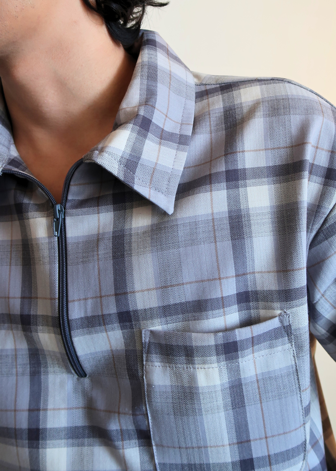 Boxy Crop Half Zip Polo | Gray Plaid