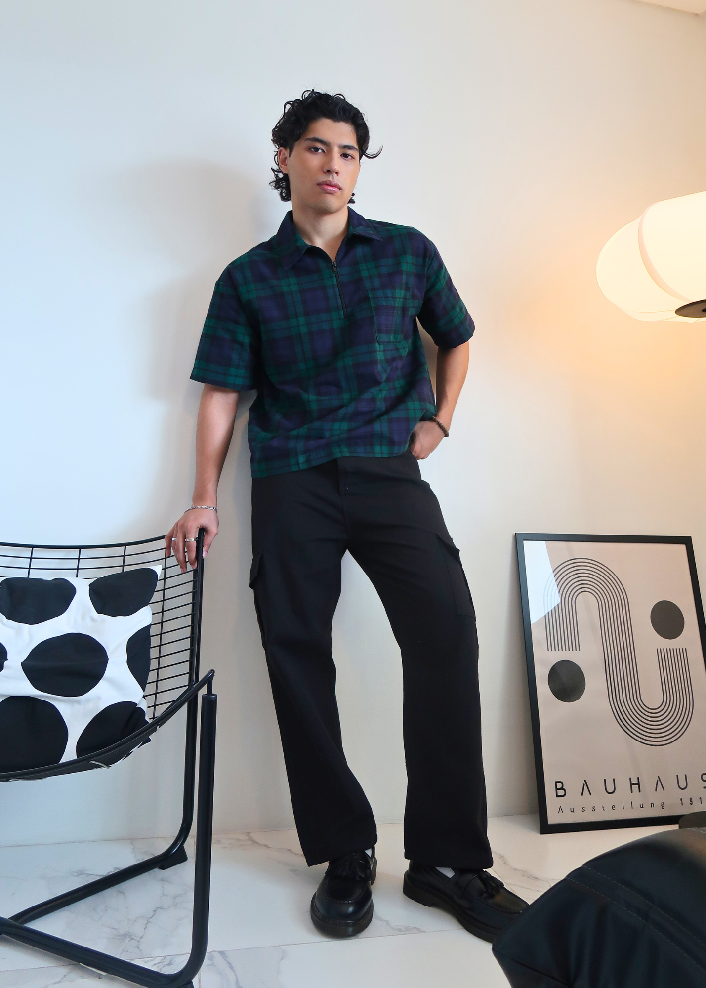 Boxy Crop Half Zip Polo | Green Plaid