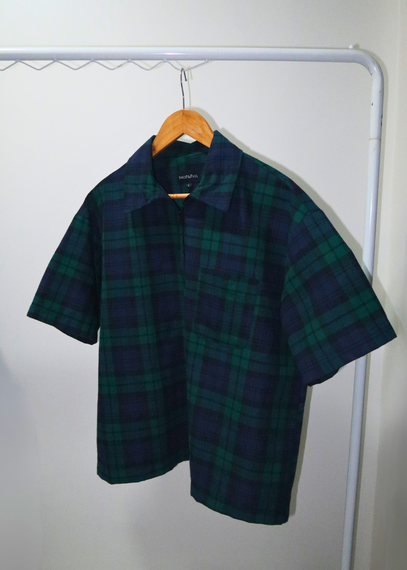 Boxy Crop Half Zip Polo | Green Plaid