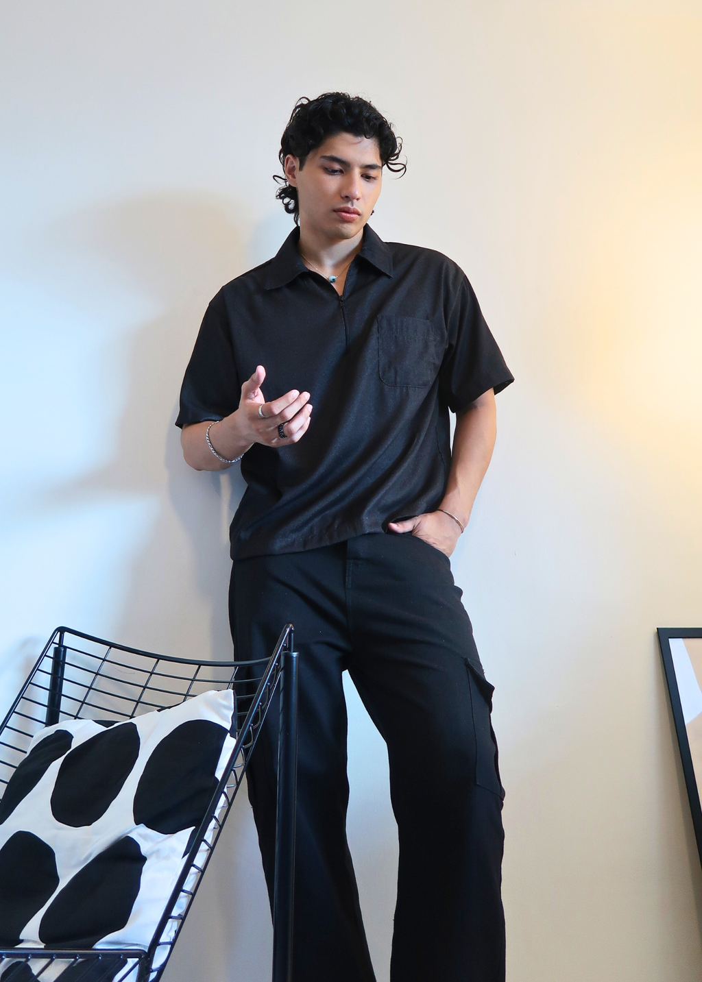 Boxy Crop Half Zip Polo | Black Grainy