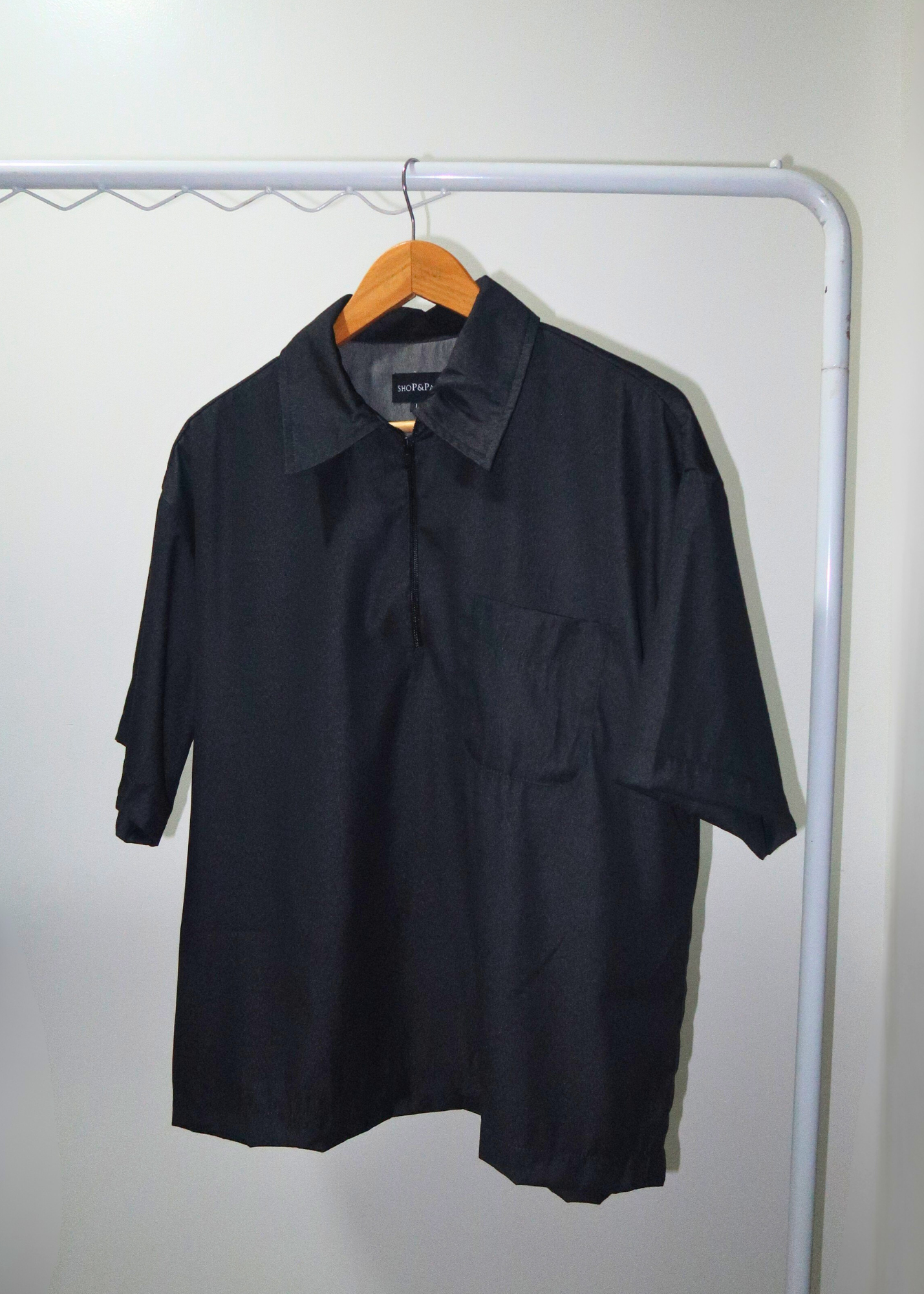 Boxy Crop Half Zip Polo | Black Grainy