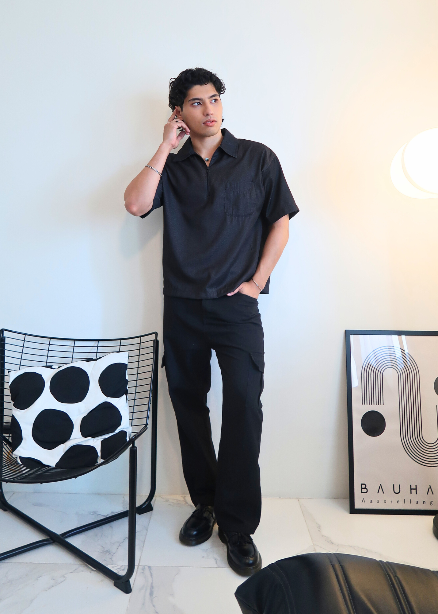 Boxy Crop Half Zip Polo | Black Grainy