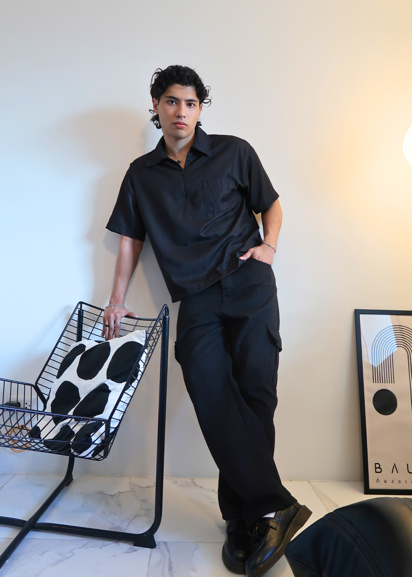 Boxy Crop Half Zip Polo | Black Grainy