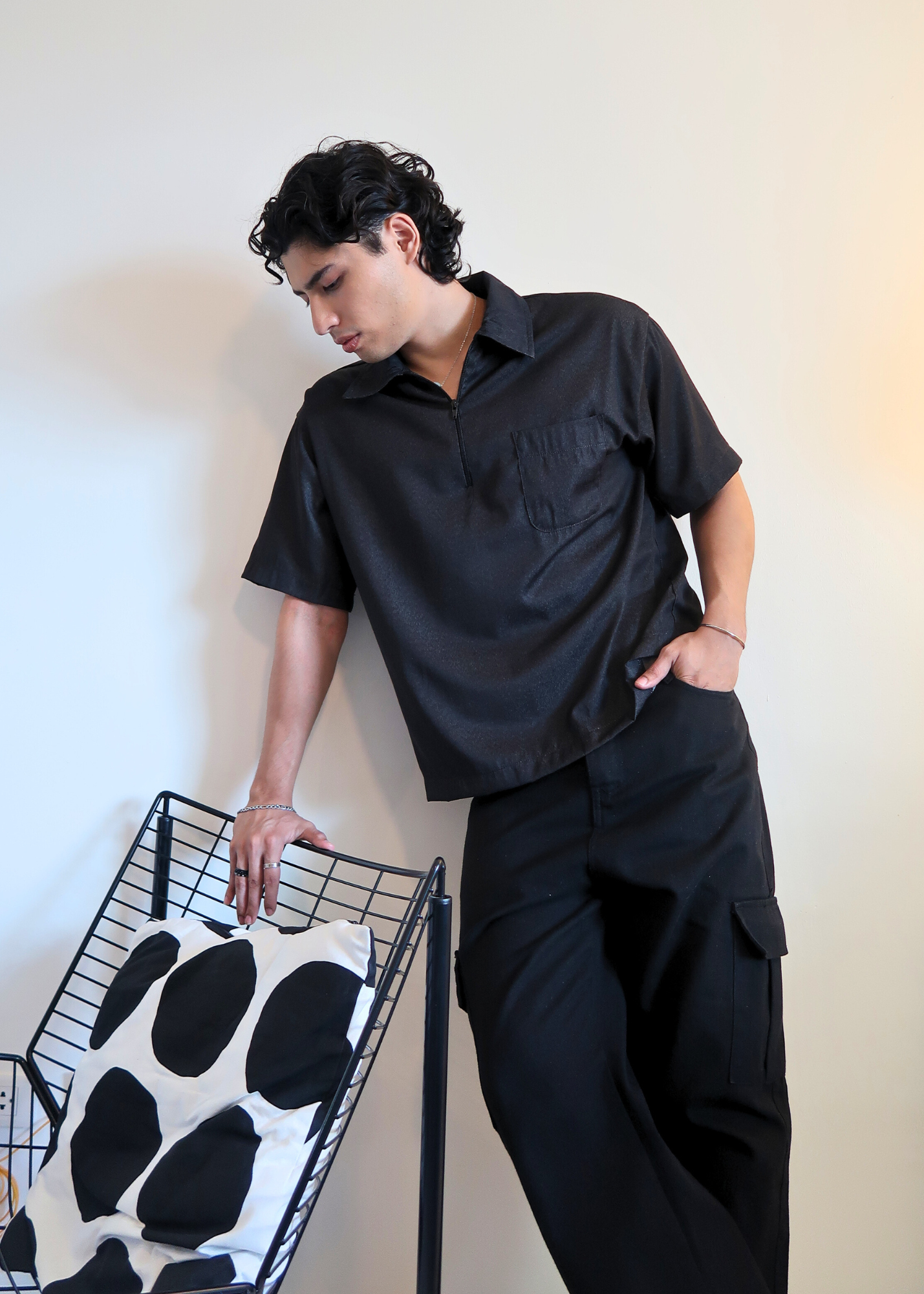 Boxy Crop Half Zip Polo | Black Grainy