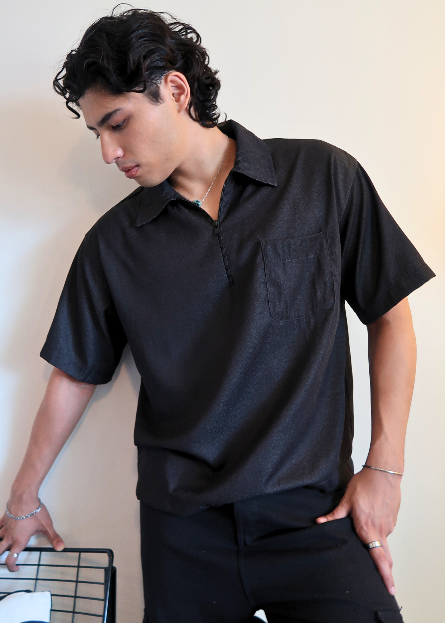 Boxy Crop Half Zip Polo | Black Grainy
