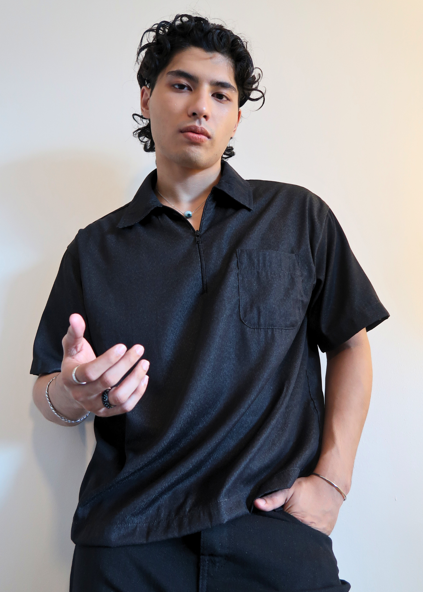 Boxy Crop Half Zip Polo | Black Grainy