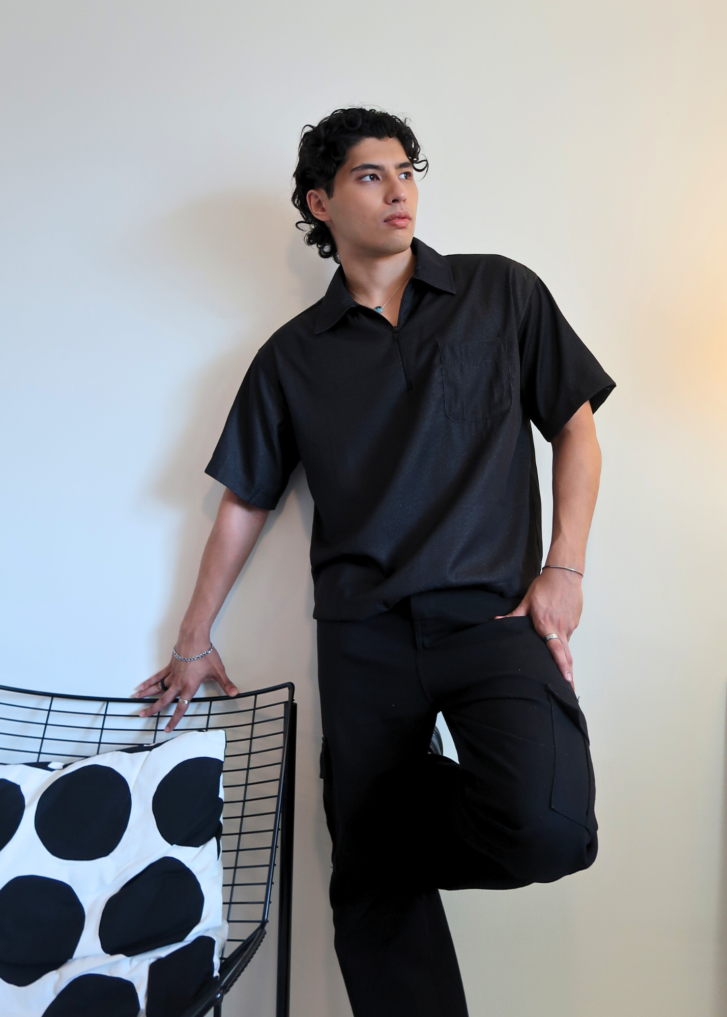 Boxy Crop Half Zip Polo | Black Grainy