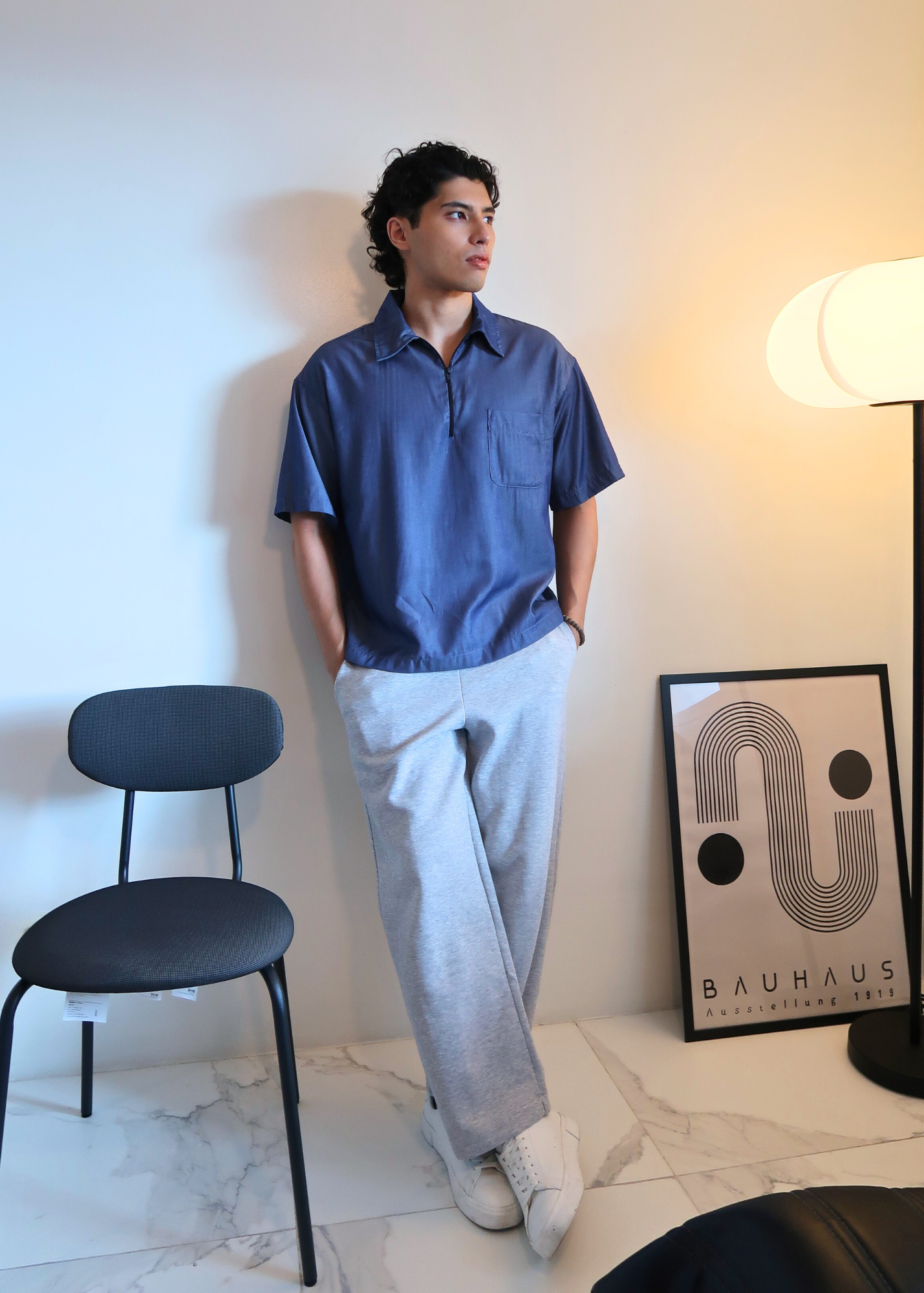 Boxy Crop Half Zip Polo | Denim Blue Grainy