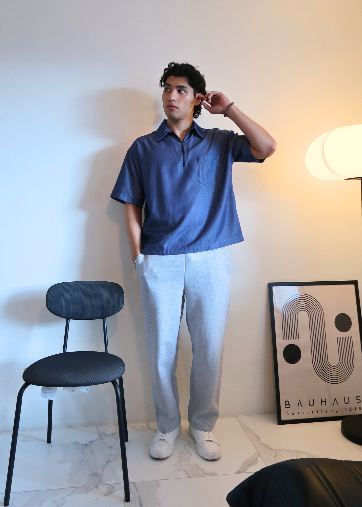 Boxy Crop Half Zip Polo | Denim Blue Grainy