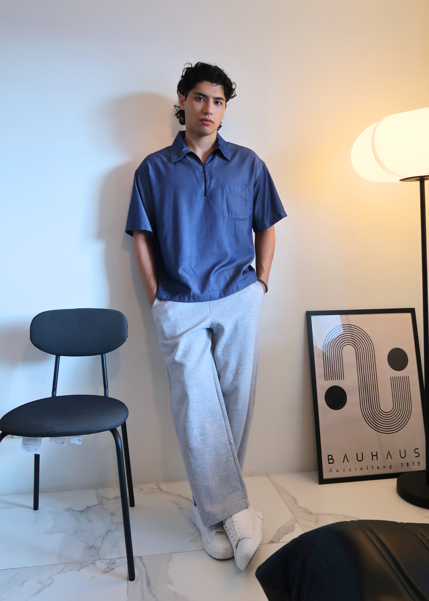 Boxy Crop Half Zip Polo | Denim Blue Grainy