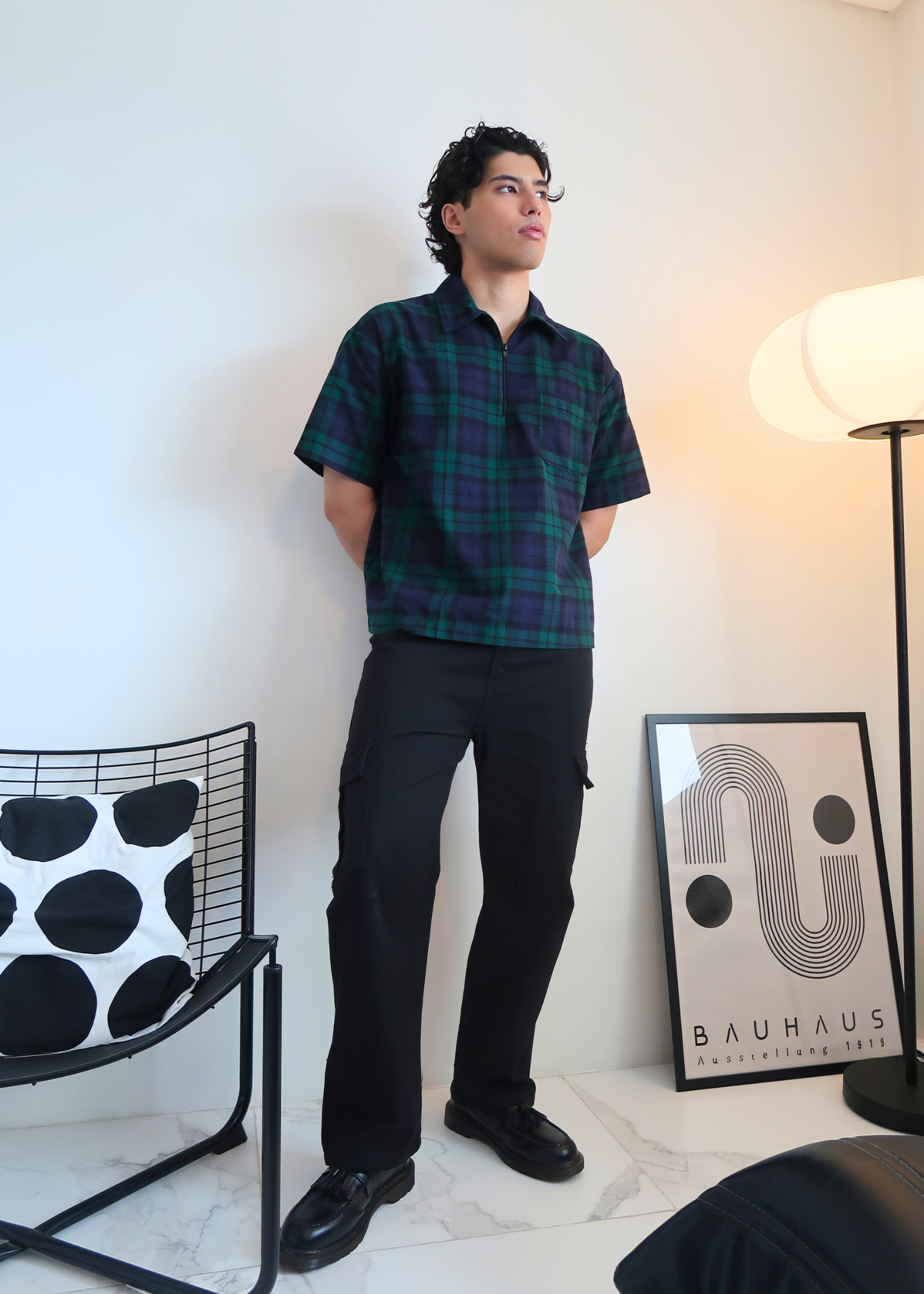 Boxy Crop Half Zip Polo | Green Plaid