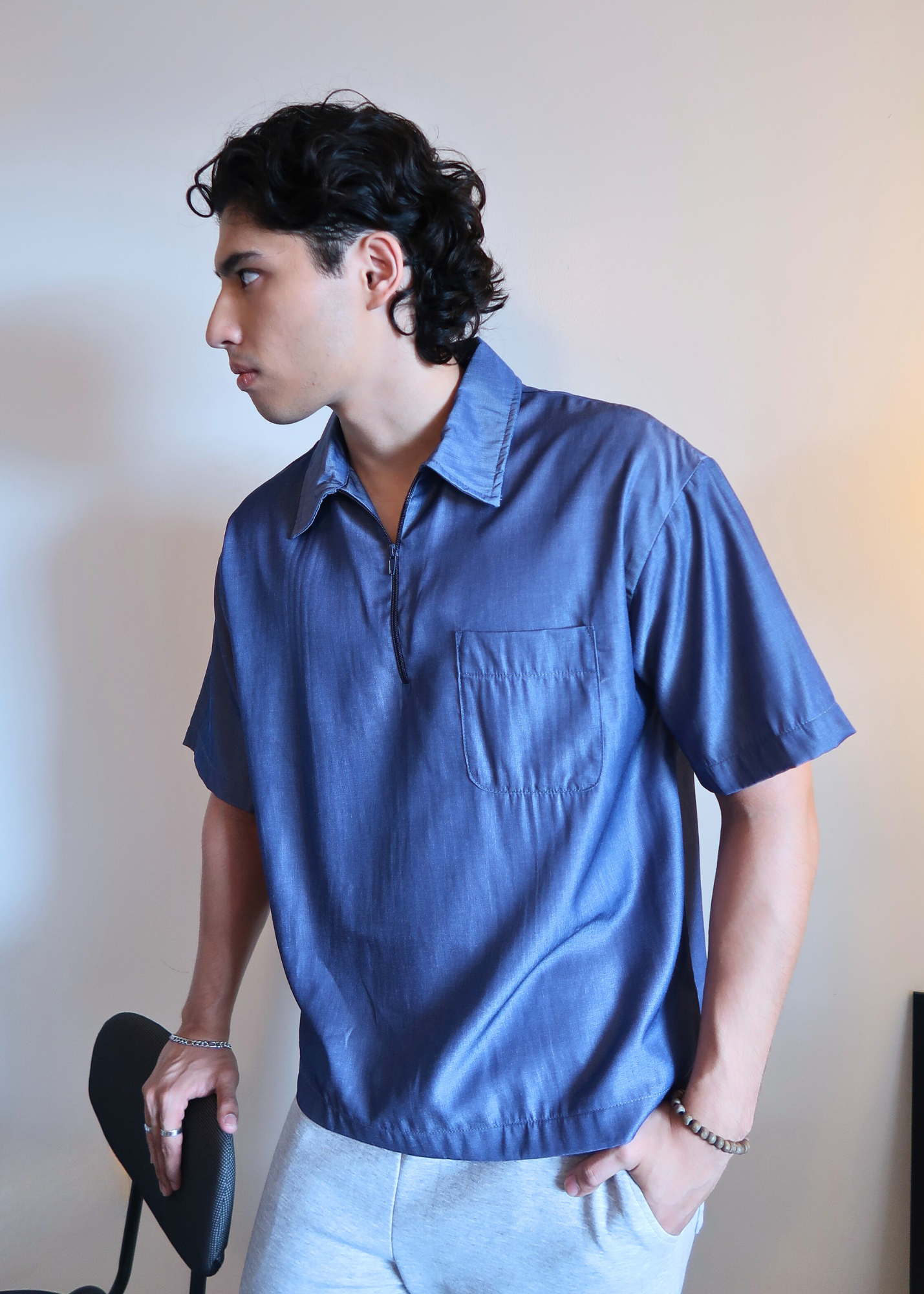 Boxy Crop Half Zip Polo | Denim Blue Grainy