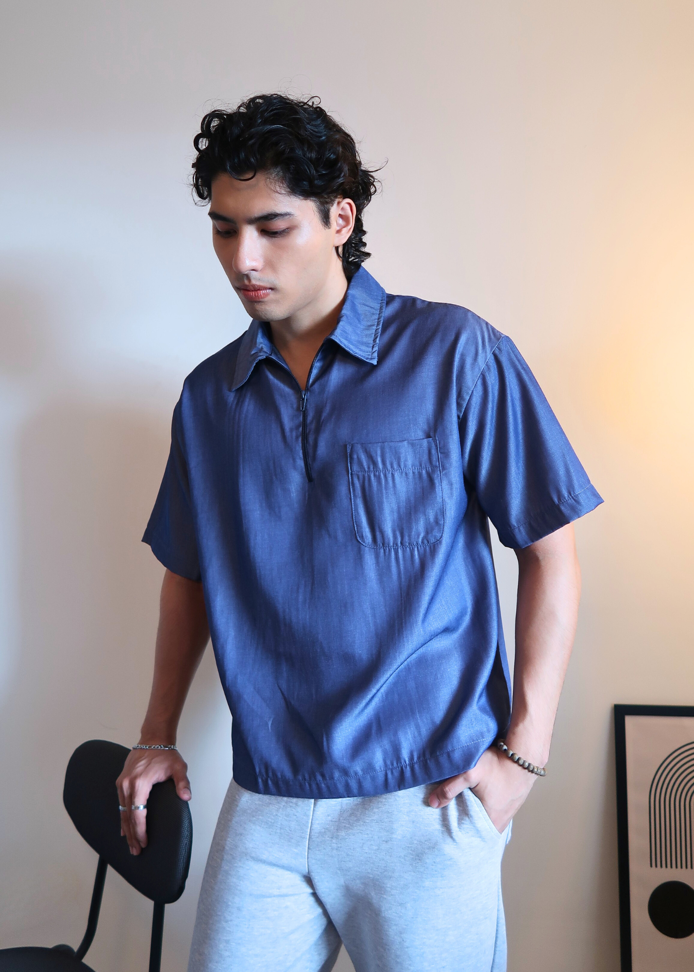 Boxy Crop Half Zip Polo | Denim Blue Grainy