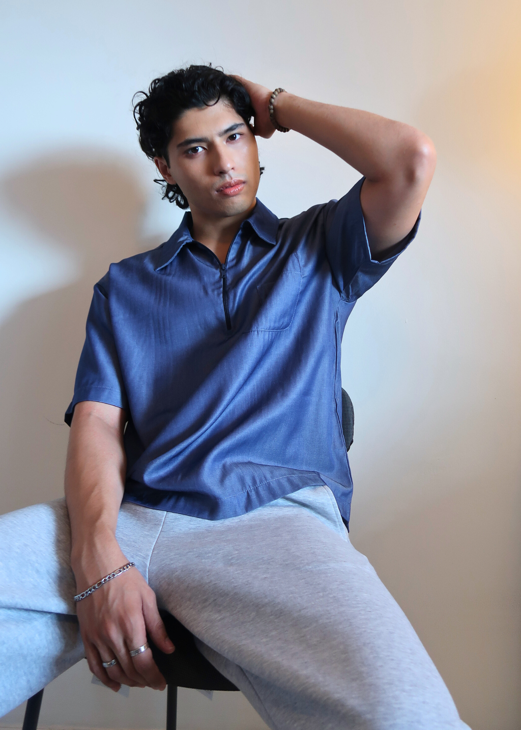 Boxy Crop Half Zip Polo | Denim Blue Grainy