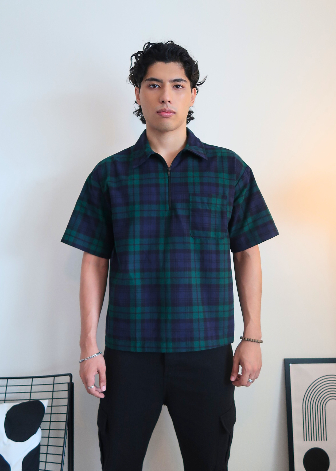 Boxy Crop Half Zip Polo | Green Plaid