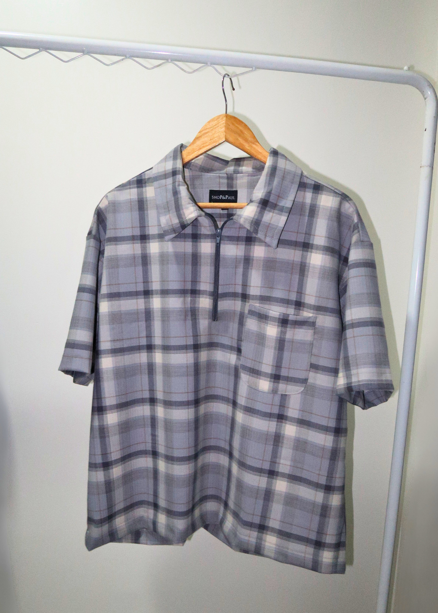 Boxy Crop Half Zip Polo | Gray Plaid