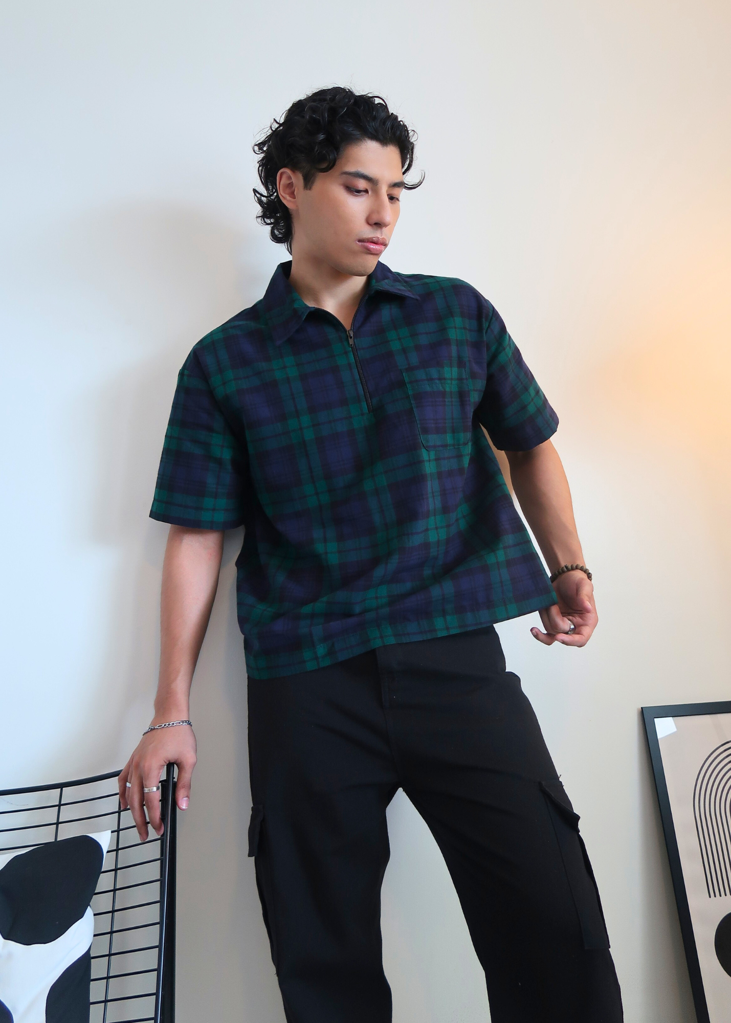 Boxy Crop Half Zip Polo | Green Plaid