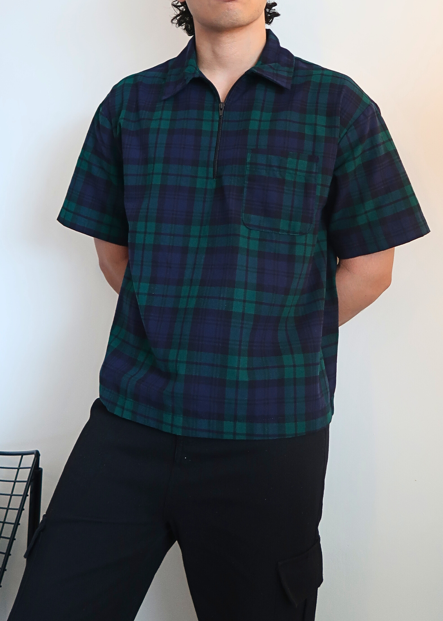 Boxy Crop Half Zip Polo | Green Plaid