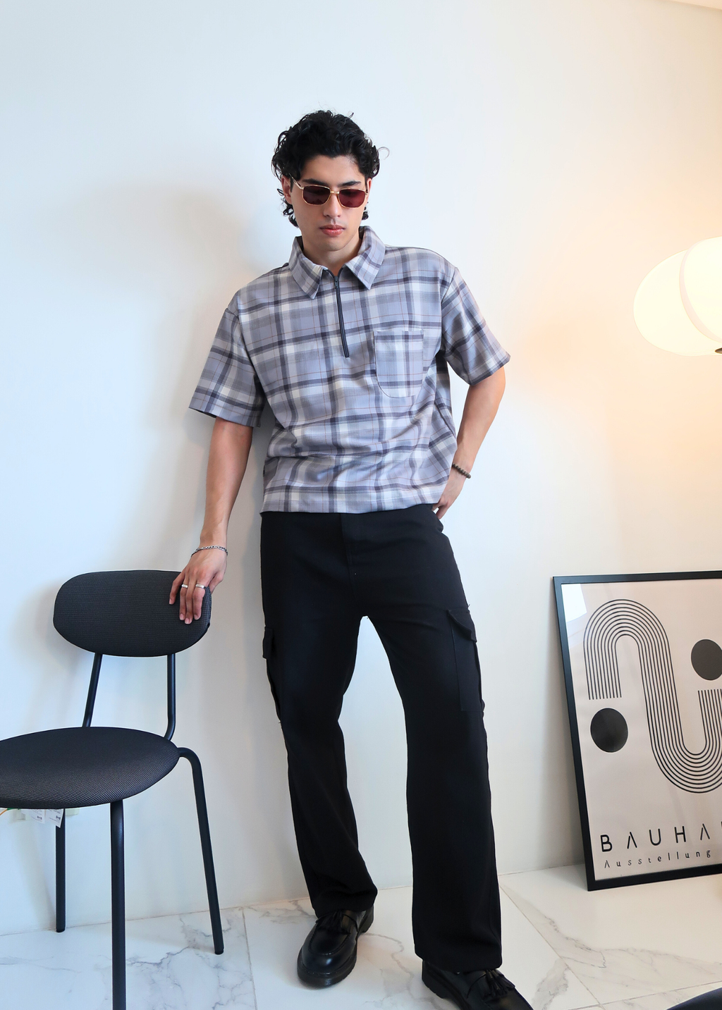 Boxy Crop Half Zip Polo | Gray Plaid