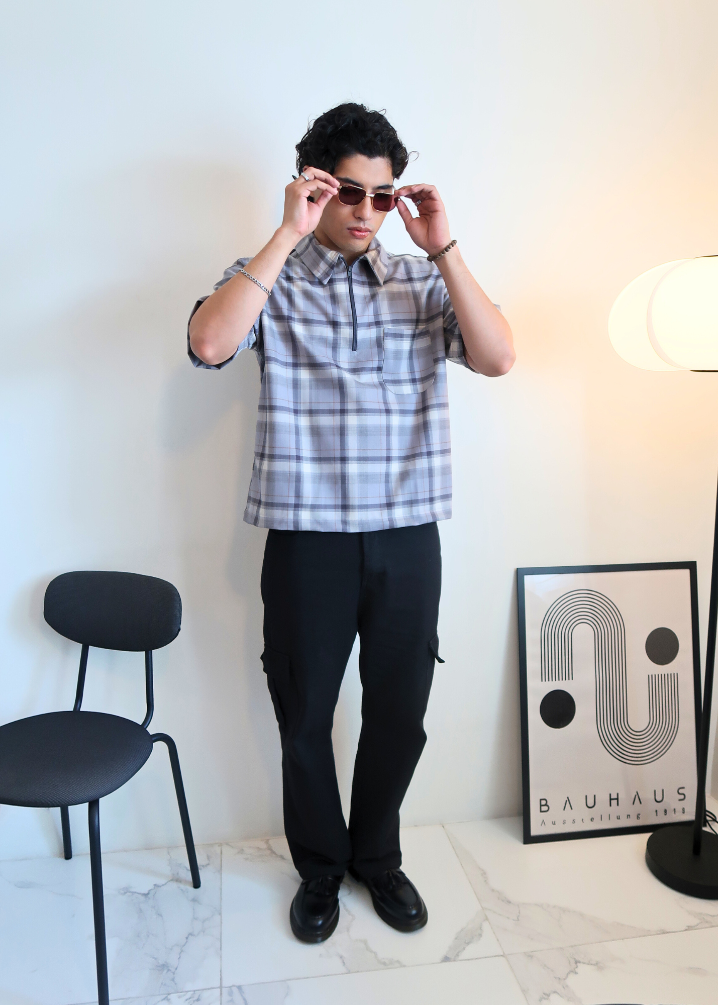 Boxy Crop Half Zip Polo | Gray Plaid