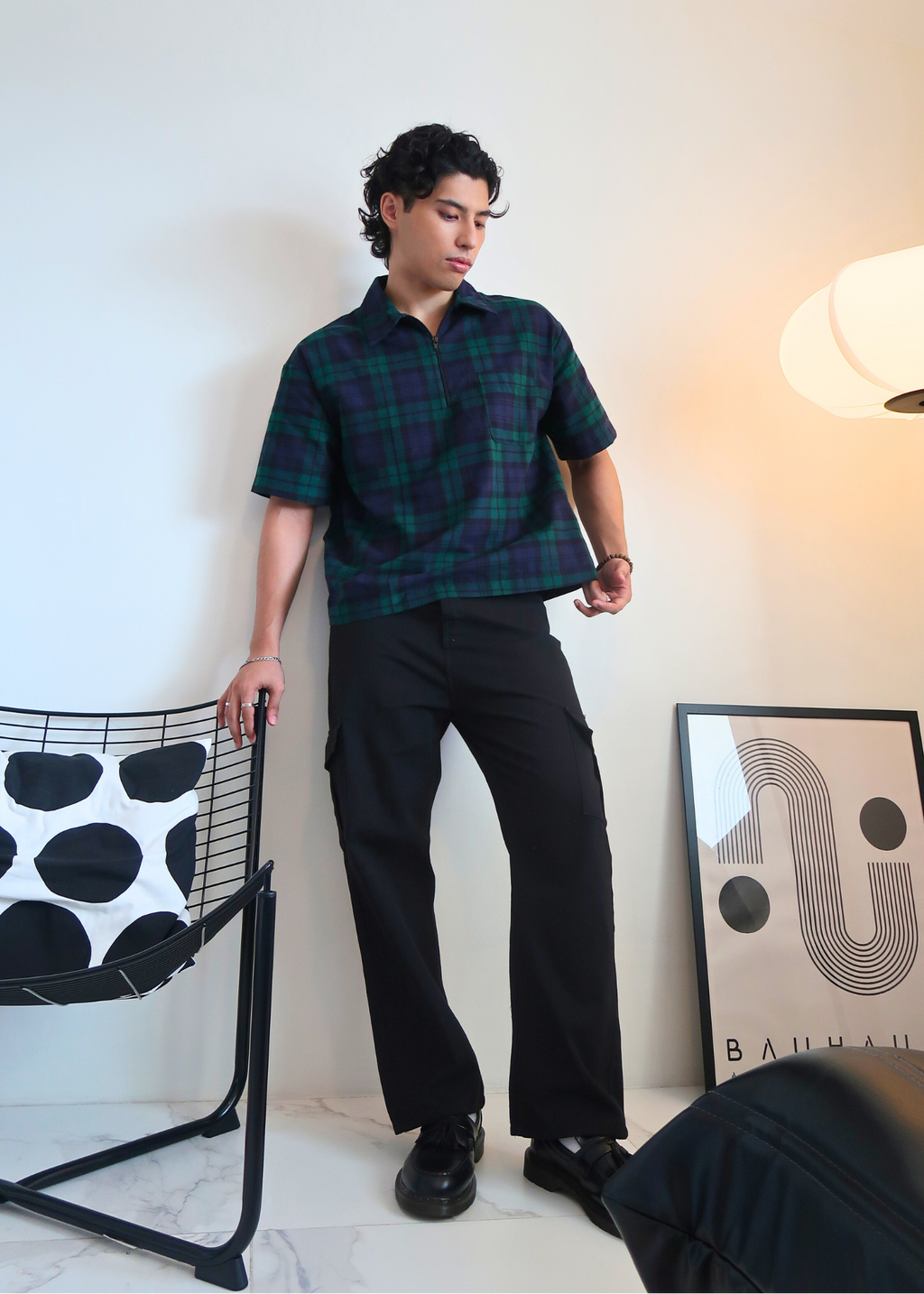 Boxy Crop Half Zip Polo | Green Plaid