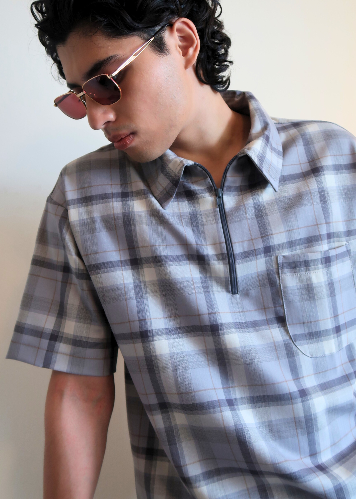 Boxy Crop Half Zip Polo | Gray Plaid