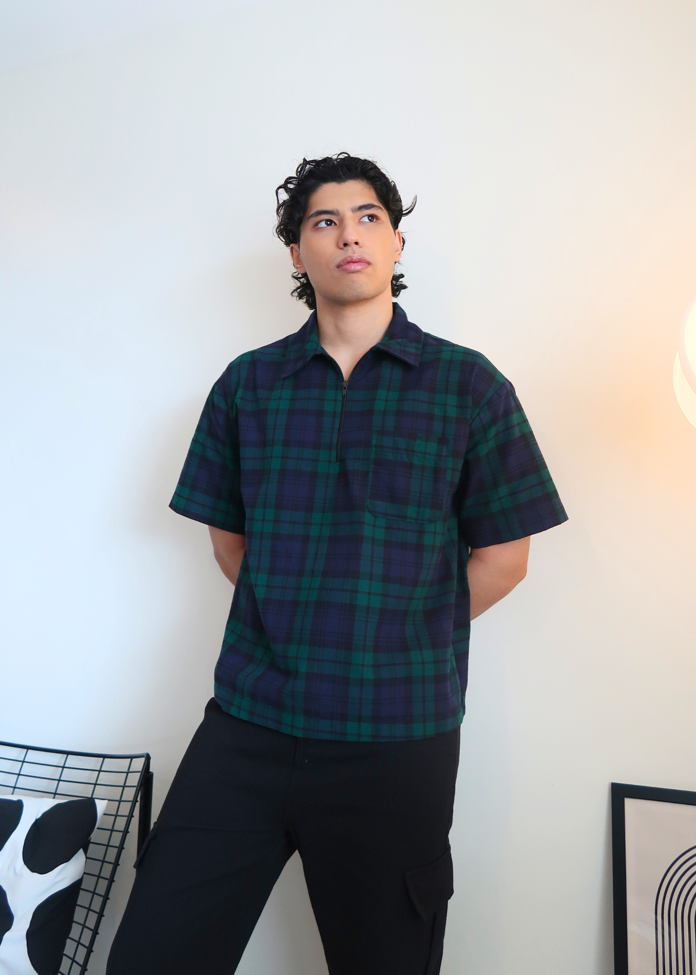 Boxy Crop Half Zip Polo | Green Plaid