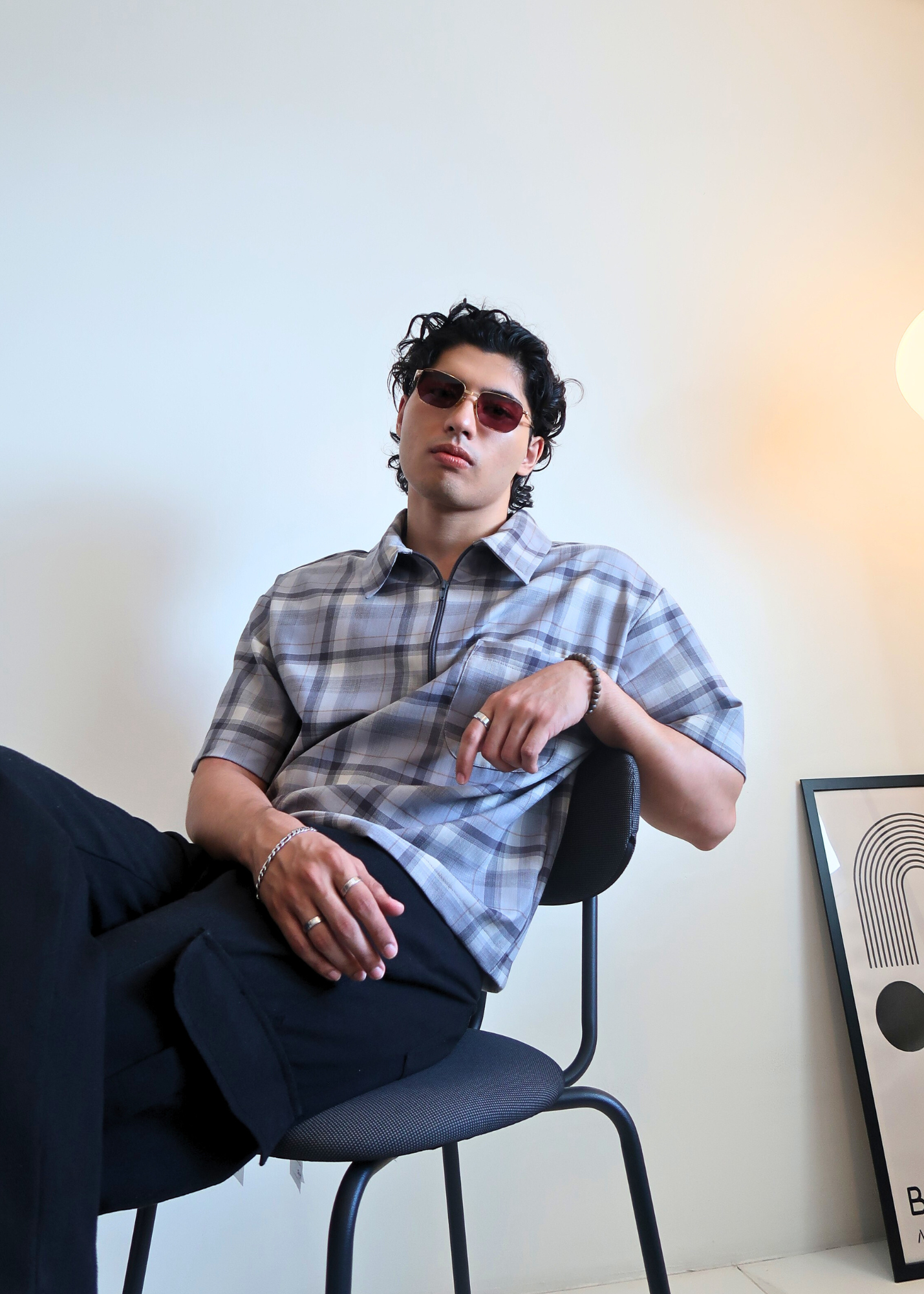 Boxy Crop Half Zip Polo | Gray Plaid