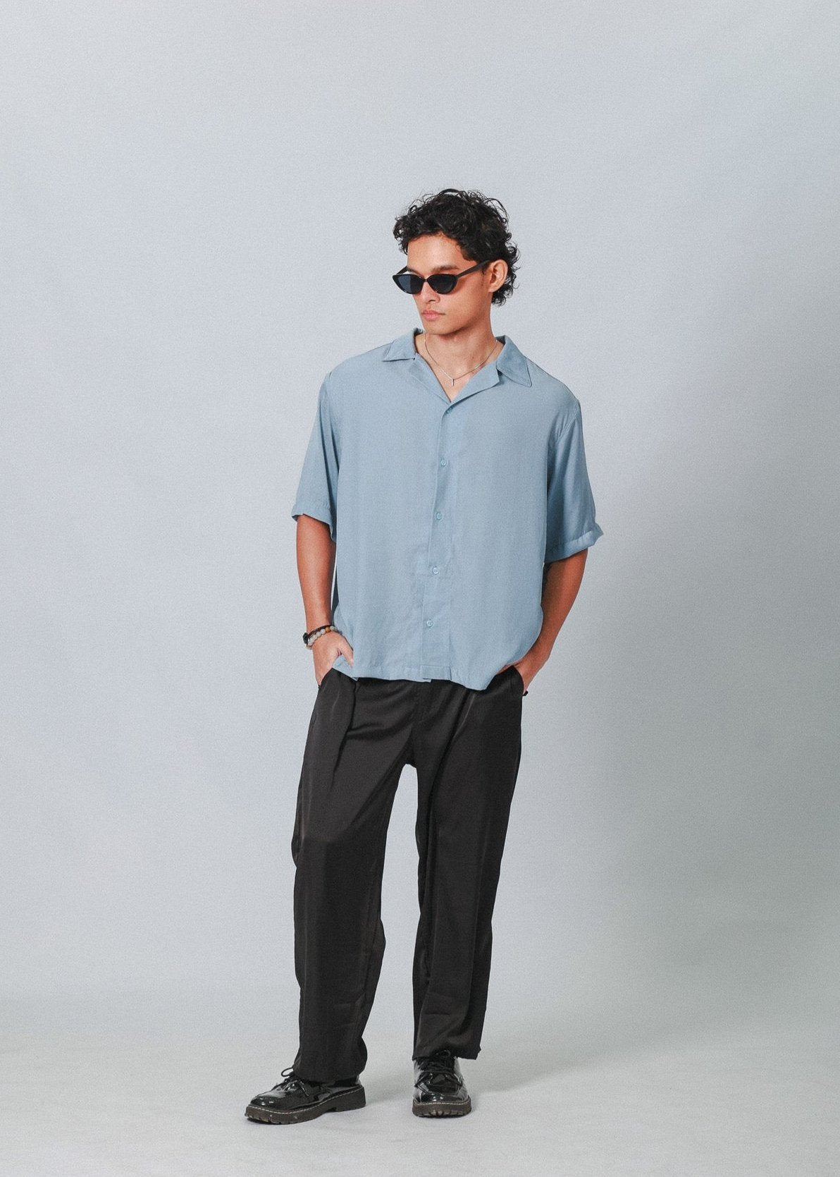 Azure Satin Cuban Shirt