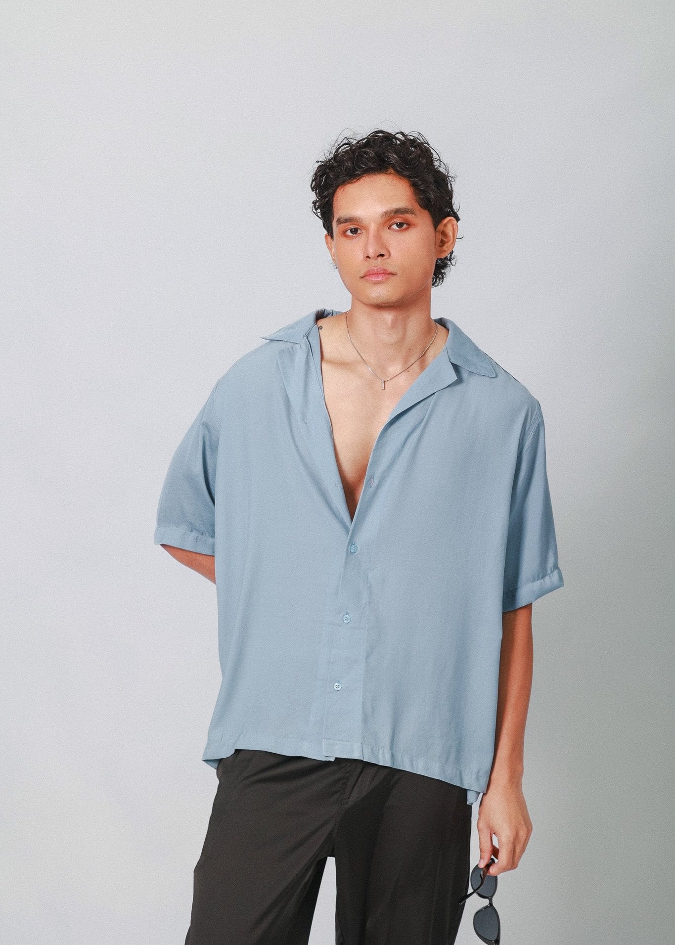 Azure Satin Cuban Shirt